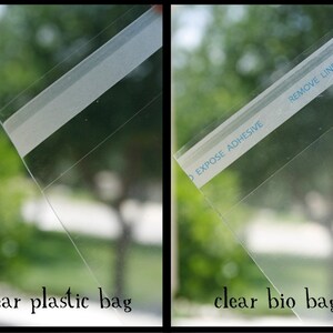May include: Two clear plastic bags with adhesive strips. The left bag is labelled "clear plastic bag". The right bag is labelled "clear bio bag" and has the text "Expose Adhesive Remove Liner to Expose" printed on the adhesive strip.