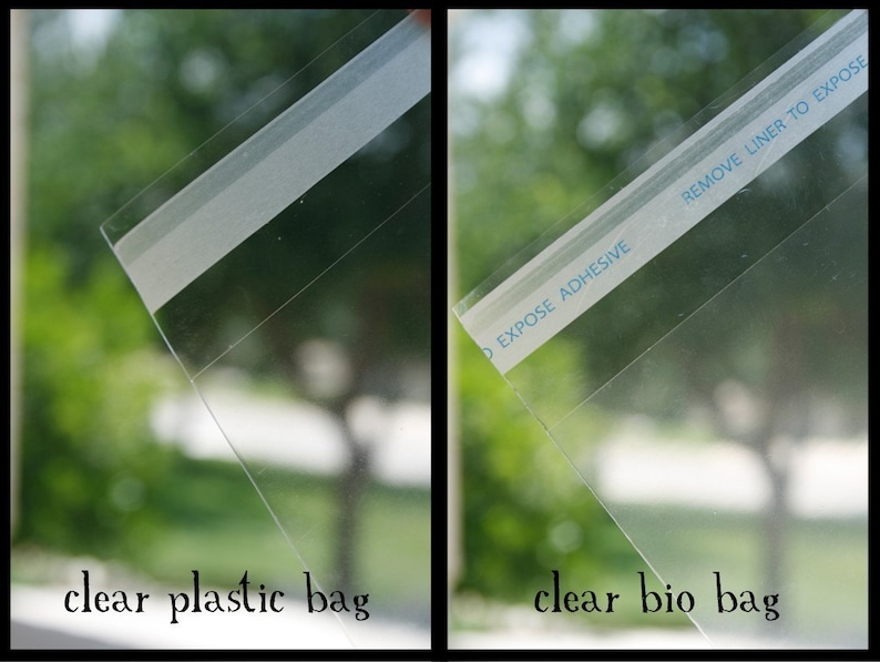 May include: Two clear plastic bags with adhesive strips. The left bag is labelled "clear plastic bag". The right bag is labelled "clear bio bag" and has the text "Expose Adhesive Remove Liner to Expose" printed on the adhesive strip.