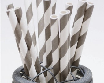 Elephant Grey Stripe Pattern Paper Straws - Perfect for Parties or Weddings - Favors--Free Editable DIY Tags PDF