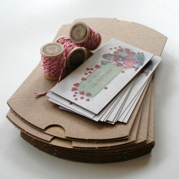 Valentine Packaging Kit - Cards Gift Cards - set of 10 - Two Sided Vintage Style Design with Twine and Pillow Box