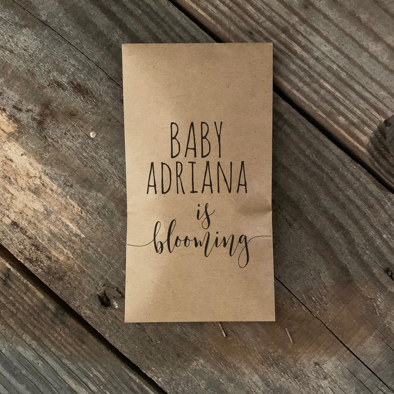 May include: A brown paper bag with the text "Baby Adriana is blooming" printed on it.