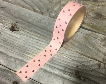 Washi Tape - 15mm - Red and Grey Hearts on Tea Rose Pink Pattern - Deco Paper Tape No. 1093