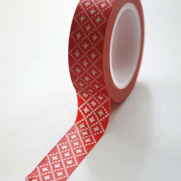 Washi Tape - 15mm - White Cross Stitch Design on Red - Deco Paper Tape No. 495