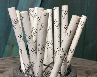 Black Mr. & Mrs. Text on White Paper Straws - Perfect for Parties - Favors--Free Editable DIY Tags PDF