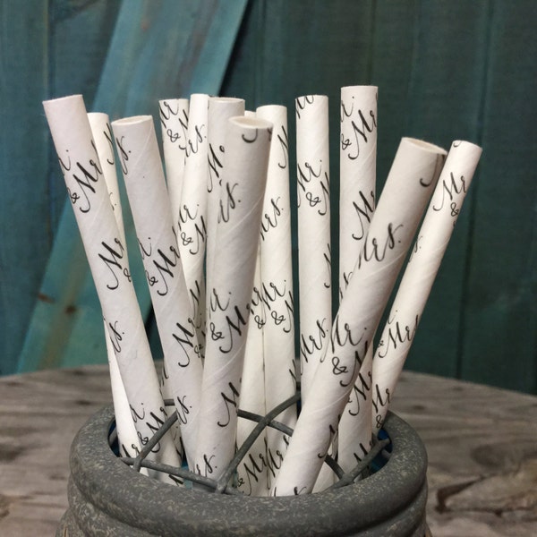 Black Mr. & Mrs. Text on White Paper Straws - Perfect for Parties - Favors--Free Editable DIY Tags PDF