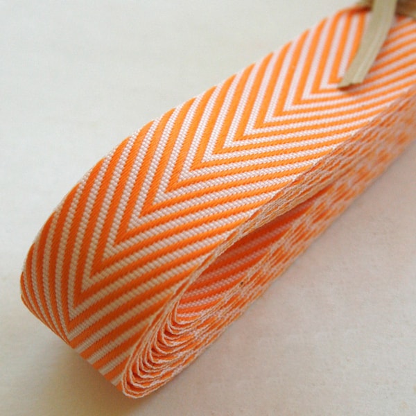 Chevron Twill Herringbone Ribbon - Orange and White 3/4 Inch Width - Packaging and Gift Ribbon