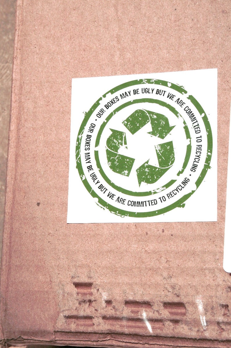 Let Your Customer Know You Recycle Glossy UV QTY 500 Ugly Boxes Sticker 3 x 3 Stickers