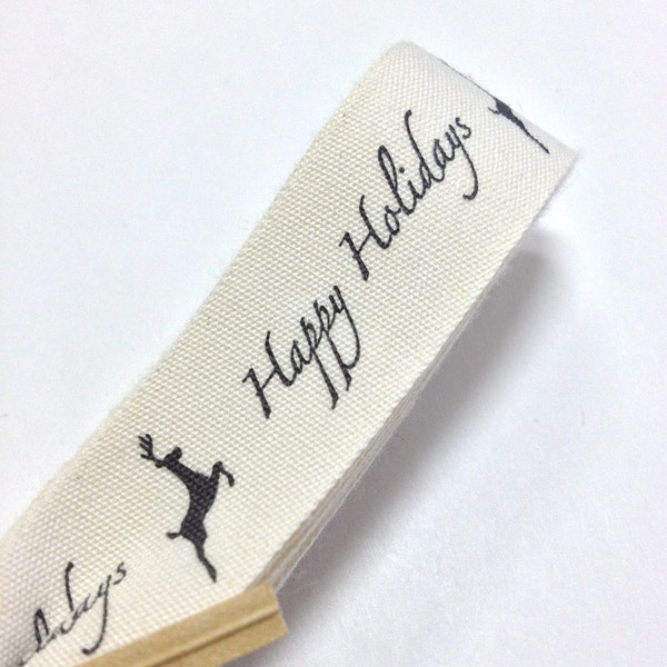 Happy Holidays Reindeer Cotton Creme Ribbon - FULL SPOOL - 3/4 Inch Width - Packaging and Gift Ribbon 30 Yards