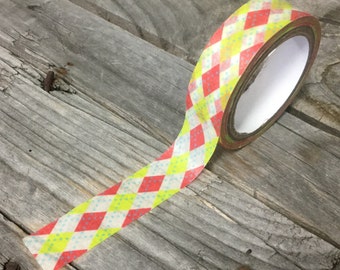 Washi Tape - 15mm - Lime Green, Coral, & Blue Argyle - Deco Paper Tape No. 826