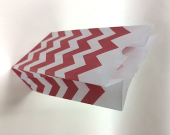Set of 25 - Red Chevron Flat Bottom Paper Merchandise or Lunch Bags - 4 1/4 x 2 3/8 x 8 3/16 Inches - Gifts, Packaging, Retail