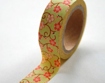 Washi Tape - 15mm - Lime and Coral Floral - Deco Masking Tape No. 230