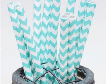 Deep Aqua Chevron Pattern Paper Straws - Perfect for Parties or Weddings - Favors- Festive and Fun Addition