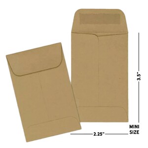May include: Two brown paper envelopes, one with a flap and one without, are shown against a white background. The envelope with the flap is 3.5 inches tall and 2.25 inches wide. The text "MINI SIZE" is printed below the envelope.