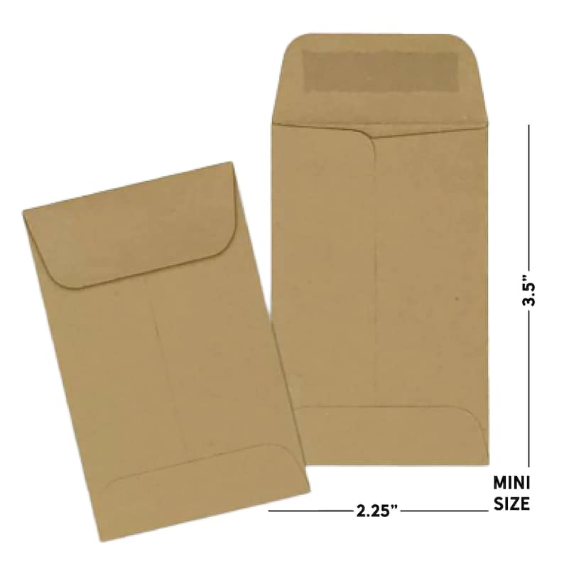 May include: Two brown paper envelopes, one with a flap and one without, are shown against a white background. The envelope with the flap is 3.5 inches tall and 2.25 inches wide. The text "MINI SIZE" is printed below the envelope.