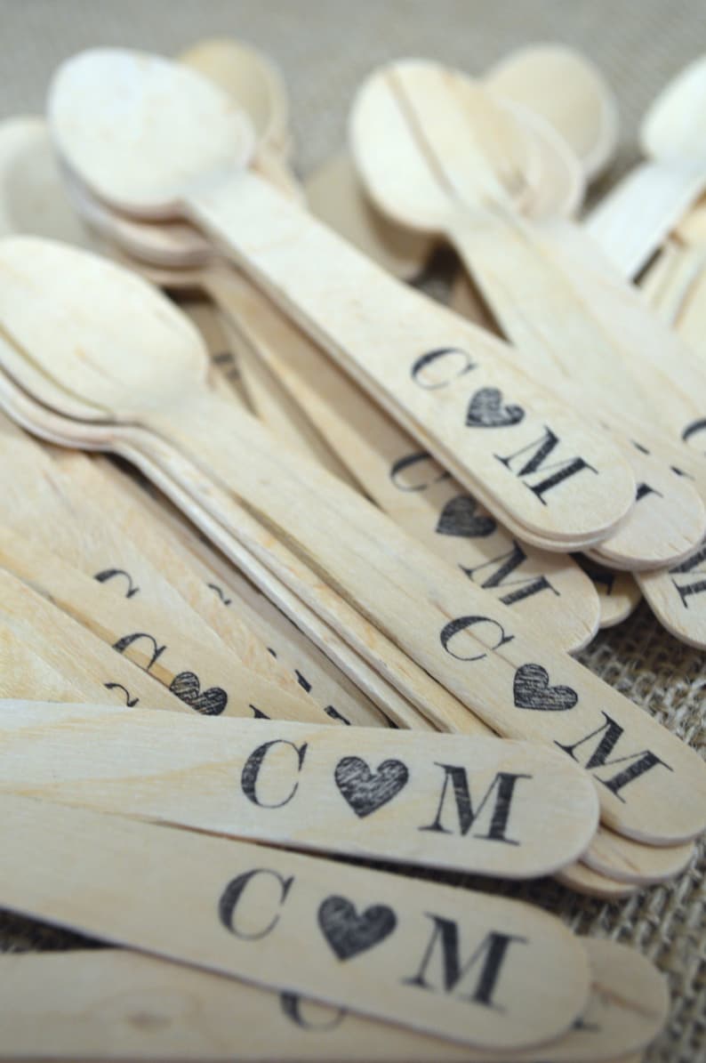Monogram with Heart or Ampersand Design Quantity 200 Personalized Wooden Utensils