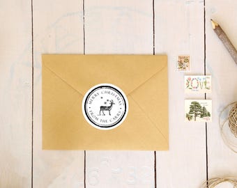 Christmas Holiday Stickers Seals Round 1.5 Inch or Custom 2 Inch Round - Vintage Style Reindeer Snowflake Happy Holidays Merry Christmas
