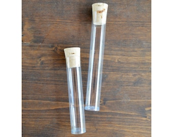 Ultra Clear Plastic Round Favor Candy Treat Cocoa Tubes - Two Lengths - Candy or Favor Tubes with Natural Corks