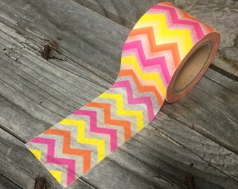 Washi Tape - 30mm - Bright Pink, Orange, & Yellow Chevron on White - Deco Paper Tape No. 410