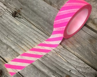 Washi Tape - 15mm - Neon Pink and White Diagonal Stripes - Deco Paper Tape No. 793