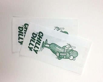 Vintage Style Chilly Dilly PIckle Bags - Green on White - Gusseted Bags 3 1/2 x 1 1/2 x 6 1/2 - set of 50