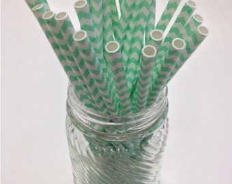 Mint Chevron Pattern Paper Straws - Perfect for Parties or Weddings - Favors- Festive and Fun Addition