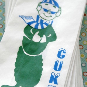 Vintage Style Cool Cuke PIckle Bags - White with Blue and Green - Gusseted Bags 3 x 2 x 6.5 Inches - set of 50