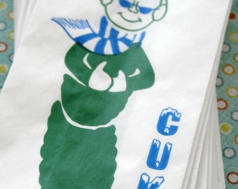 Vintage Style Cool Cuke PIckle Bags - White with Blue and Green - Gusseted Bags 3 x 2 x 6.5 Inches - set of 100