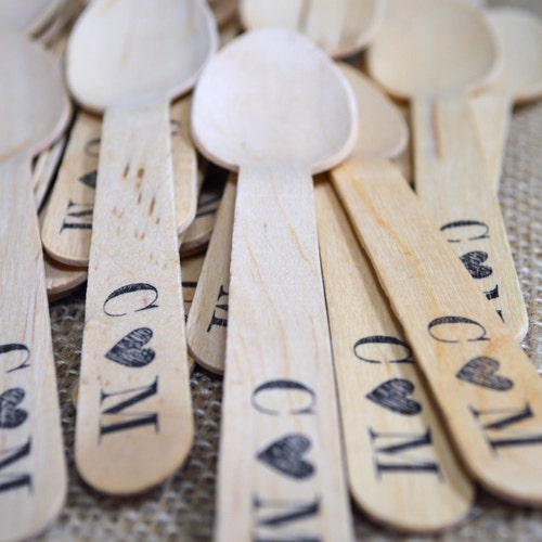 Quantity orders 125 Personalized Wooden Utensils - Monogram with Heart or Ampersand Design