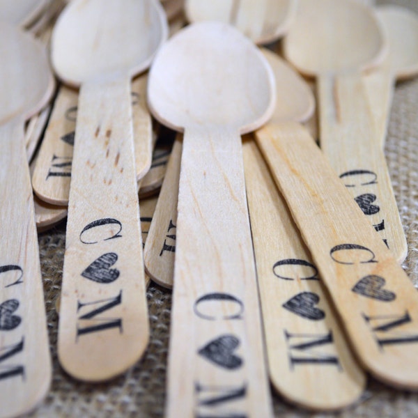 100 Disposable and Compostable Wooden Utensils - Monogram with Heart or Ampersand Design