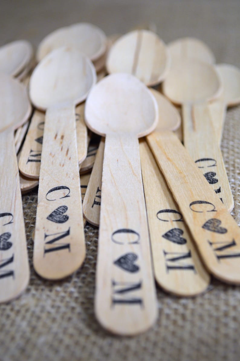 Monogram with Heart or Ampersand Design Quantity 200 Personalized Wooden Utensils