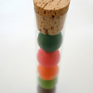 Pu&ograve; includere: Un tubo di vetro trasparente con un tappo di sughero e quattro palline colorate all'interno. Le palline sono verdi, rosa, arancioni e verdi.
