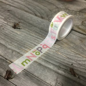 Washi Tape 15mm Pink Green Alphabet on White Deco Paper Tape No. 1145 image 1
