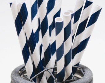 Midnight Navy Blue Stripe Pattern Paper Straws - Perfect for Parties or Weddings - Favors--Free Editable DIY Tags PDF