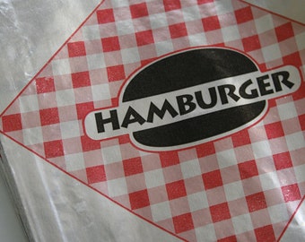 Vintage Style Foil Paper Lined Hamburger Bags - Red and Black Checkered - Gusseted 6 x 3/4 x 6 1/2 Inches - set of 100