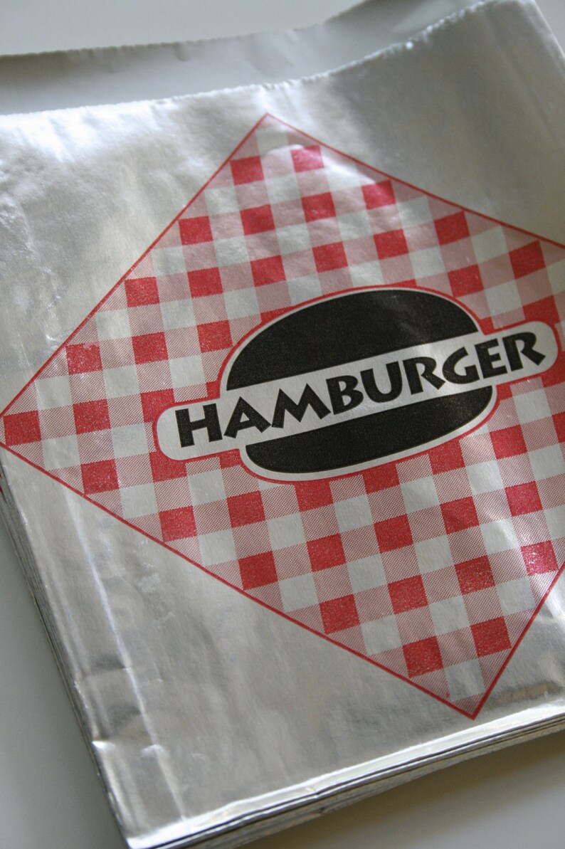 Vintage Style Foil Paper Lined Jumbo Hamburger Bags Red and Black Checkered Gusseted 6-1/2 x 1-1/2 x 7-3/4 Inches set of 50 image 2