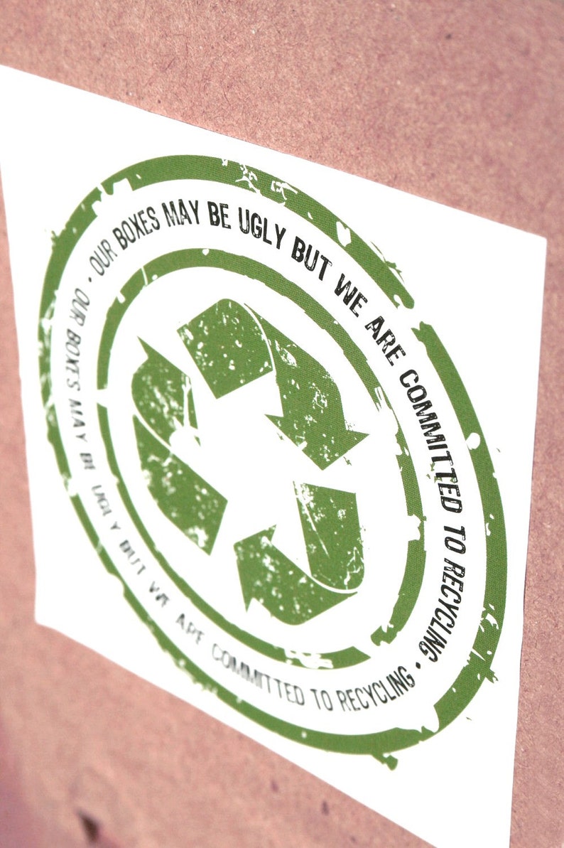 Let Your Customer Know You Recycle Glossy UV QTY 500 Ugly Boxes Sticker 3 x 3 Stickers