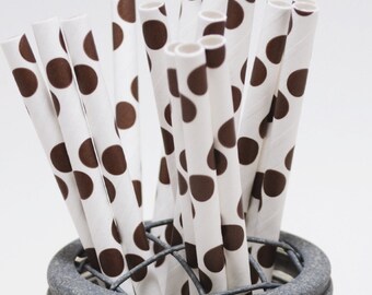 Chocolate Brown Dots Paper Straws - Perfect for Parties - Favors--Free Editable DIY Tags PDF