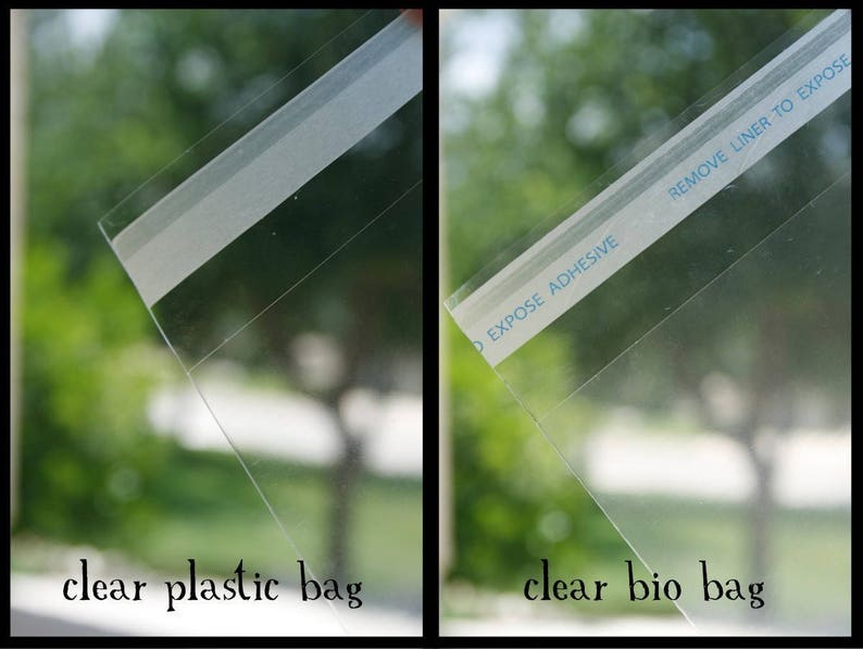 May include: Two clear plastic bags with adhesive strips. The bag on the left has a white adhesive strip. The bag on the right has a blue adhesive strip with the text "EXPOSE ADHESIVE REMOVE LINER TO EXPOSE". The bag on the left is labeled "clear plastic bag" and the bag on the right is labeled "clear bio bag".