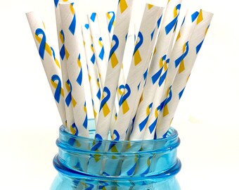 Royal Blue and Yellow Awareness Ribbon Paper Straws