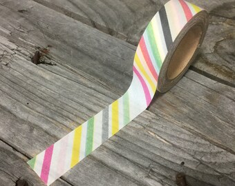 Washi Tape - 15mm - Multi-Color Diagonal Stripes on White - Deco Paper Tape No. 513