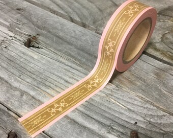 Ruban adhésif en Washi - 15 mm - Motif décoratif vintage marron sur rose clair - Ruban adhésif déco n° 517