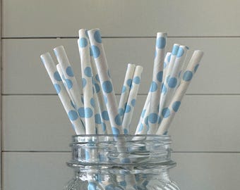 Baby Blue Dot Paper Straws - Perfect for Baby Gender Reveal Parties - Favors - Birthdays and Baby Showers!