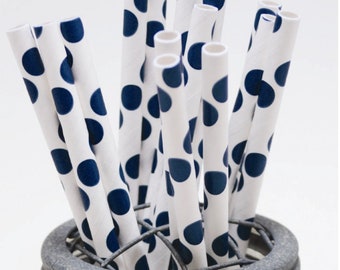 Midnight Navy Blue Dot Pattern Paper Straws - Perfect for Parties or Weddings - Favors- Festive and Fun Addition