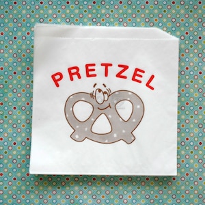 Vintage Style Happy Pretzel Bags - White with Brown and Red Print - Flat Bags 6 3/4 x 7 Inches - set of 25