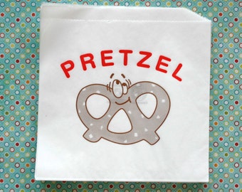 Vintage Style Happy Pretzel Bags - White with Brown and Red Print - Flat Bags 6 3/4 x 7 Inches - set of 25