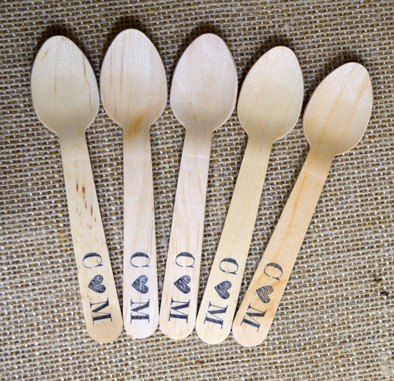 Monogram with Heart or Ampersand Design Quantity 200 Personalized Wooden Utensils