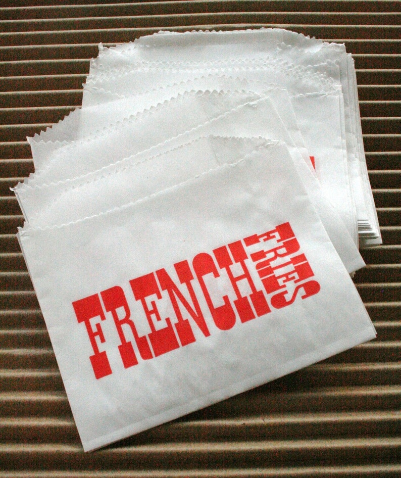 Choose Your Quantity Vintage Style White French Fries Bags White with Red Flat Bags 4.5 x 3.5 Inches image 3