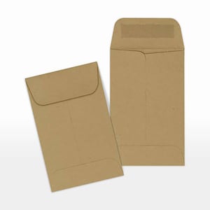 May include: Two brown paper envelopes with a flap on the top. The envelope on the right has a white adhesive strip on the flap.