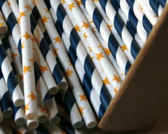 QTY 60 Paper Straws in Sturdy Box - Starry Night Mix - Navy Stripe and Gold Star