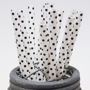 May include: A group of white and black polka dot paper straws in a gray ceramic holder.